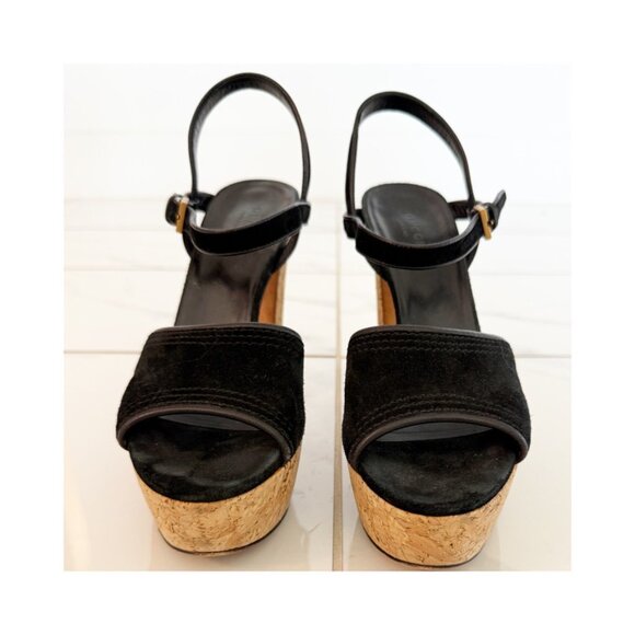 GUCCI DANIELLE BLACK SUEDE PLATFORM HEELS SANDALS 37.5 US 8.5 - Picture 2 of 12
